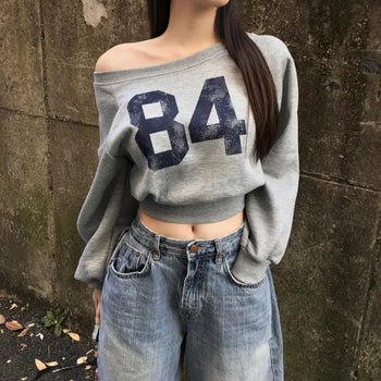 Winter Half Off-shoulder Lettering Sweatshirt Fleece-lined Half-off-shoulder Daily