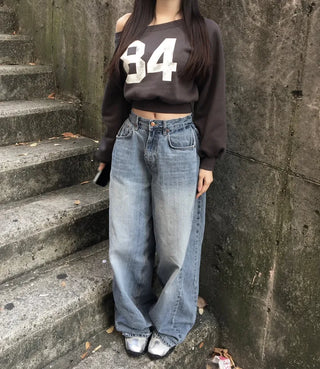 Winter Half Off-shoulder Lettering Sweatshirt Fleece-lined Half-off-shoulder Daily