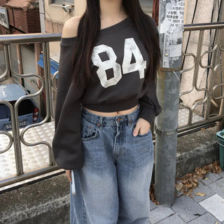 Winter Half Off-shoulder Lettering Sweatshirt Fleece-lined Half-off-shoulder Daily
