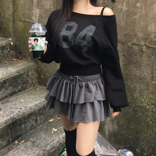 Winter Half Off-shoulder Lettering Sweatshirt Fleece-lined Half-off-shoulder Daily