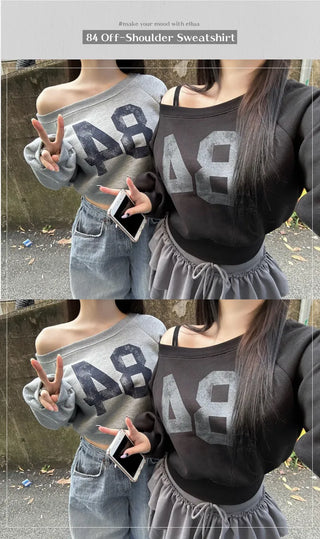 Winter Half Off-shoulder Lettering Sweatshirt Fleece-lined Half-off-shoulder Daily