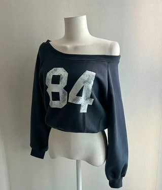 Winter Half Off-shoulder Lettering Sweatshirt Fleece-lined Half-off-shoulder Daily