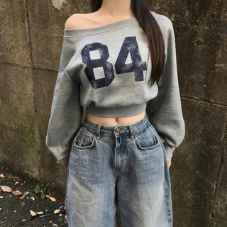 Winter Half Off-shoulder Lettering Sweatshirt Fleece-lined Half-off-shoulder Daily