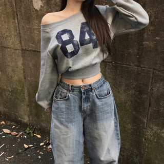 Winter Half Off-shoulder Lettering Sweatshirt Fleece-lined Half-off-shoulder Daily