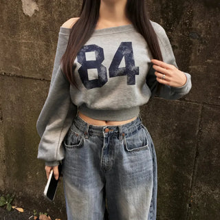 Winter Half Off-shoulder Lettering Sweatshirt Fleece-lined Half-off-shoulder Daily