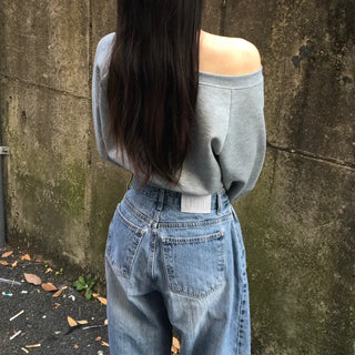 Winter Half Off-shoulder Lettering Sweatshirt Fleece-lined Half-off-shoulder Daily