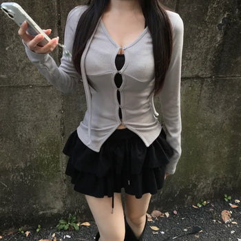 Hole Button Cardigan Muffler Set Ribbed Body-Shaping V-Neck