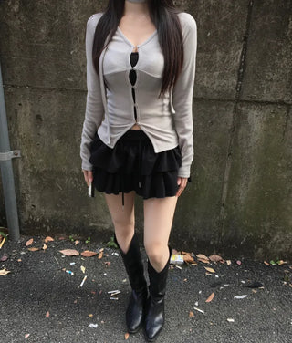 Hole Button Cardigan Muffler Set Ribbed Body-Shaping V-Neck