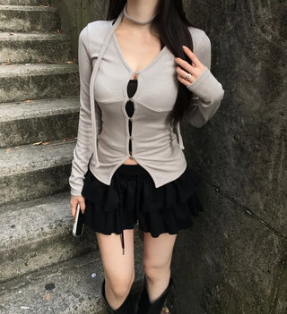 Hole Button Cardigan Muffler Set Ribbed Body-Shaping V-Neck