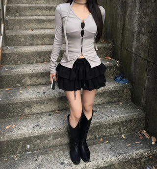 Hole Button Cardigan Muffler Set Ribbed Body-Shaping V-Neck