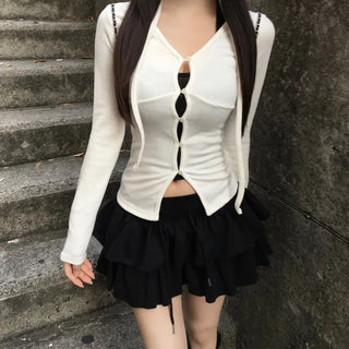 Hole Button Cardigan Muffler Set Ribbed Body-Shaping V-Neck