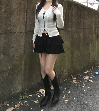 Hole Button Cardigan Muffler Set Ribbed Body-Shaping V-Neck