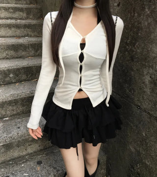 Hole Button Cardigan Muffler Set Ribbed Body-Shaping V-Neck