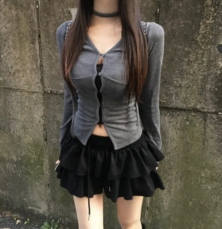Hole Button Cardigan Muffler Set Ribbed Body-Shaping V-Neck