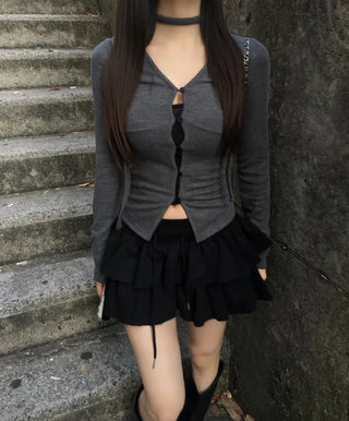 Hole Button Cardigan Muffler Set Ribbed Body-Shaping V-Neck