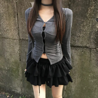 Hole Button Cardigan Muffler Set Ribbed Body-Shaping V-Neck