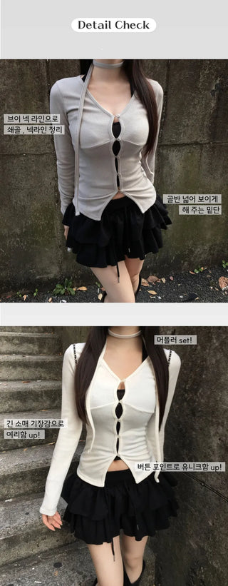 Hole Button Cardigan Muffler Set Ribbed Body-Shaping V-Neck
