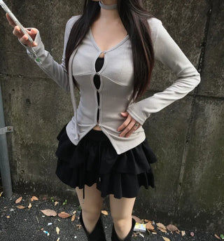 Hole Button Cardigan Muffler Set Ribbed Body-Shaping V-Neck