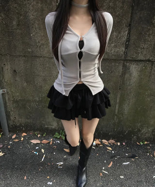 Hole Button Cardigan Muffler Set Ribbed Body-Shaping V-Neck