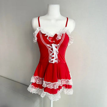 Santa Girl Corset Lace Dress Tiered Sleeveless Bustier
