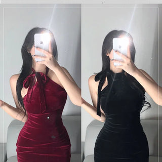 Party Halter Neck Velvet Dress Look Year-End Sexy