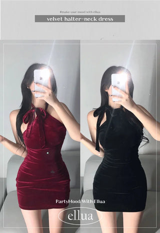 Party Halter Neck Velvet Dress Look Year-End Sexy