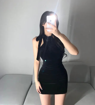 Party Halter Neck Velvet Dress Look Year-End Sexy