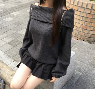 Year-end Fleece-lined Off-shoulder Long Sleeve Tee Daily Party