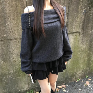 Year-end Fleece-lined Off-shoulder Long Sleeve Tee Daily Party
