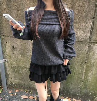 Year-end Fleece-lined Off-shoulder Long Sleeve Tee Daily Party