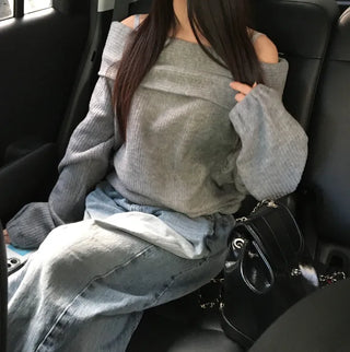 Year-end Fleece-lined Off-shoulder Long Sleeve Tee Daily Party