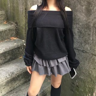 Year-end Fleece-lined Off-shoulder Long Sleeve Tee Daily Party