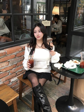 Year-end Fleece-lined Off-shoulder Long Sleeve Tee Daily Party