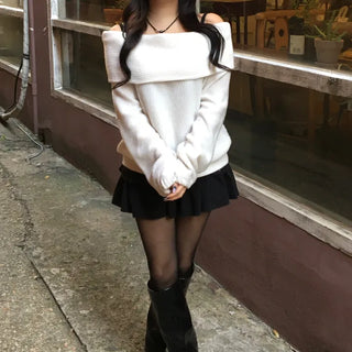 Year-end Fleece-lined Off-shoulder Long Sleeve Tee Daily Party