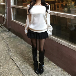 Year-end Fleece-lined Off-shoulder Long Sleeve Tee Daily Party