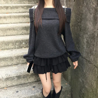 Year-end Fleece-lined Off-shoulder Long Sleeve Tee Daily Party