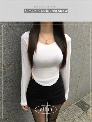 Fleece-lined Round Neck Rolled Long Sleeve T-shirt Daily