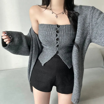 Mohair Knit Button Top Loose Fit Cardigan Set