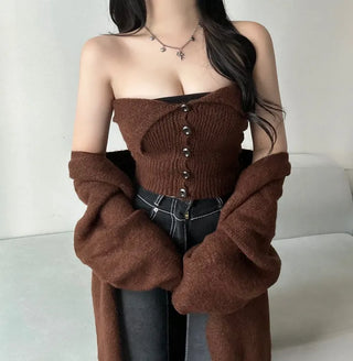 Mohair Knit Button Top Loose Fit Cardigan Set