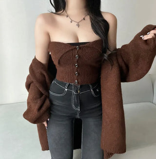 Mohair Knit Button Top Loose Fit Cardigan Set