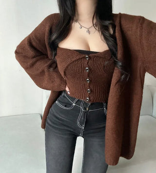 Mohair Knit Button Top Loose Fit Cardigan Set