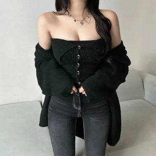 Mohair Knit Button Top Loose Fit Cardigan Set