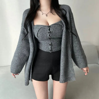 Mohair Knit Button Top Loose Fit Cardigan Set