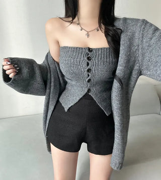 Mohair Knit Button Top Loose Fit Cardigan Set