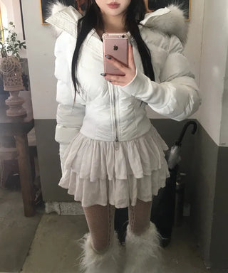 Fairy Two-Tone Fur Hooded Short Padded Jacket Winter