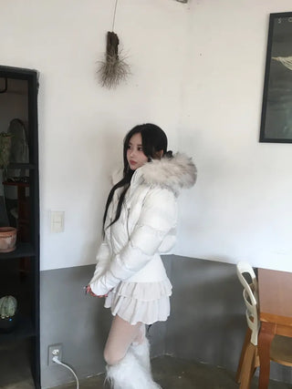Fairy Two-Tone Fur Hooded Short Padded Jacket Winter