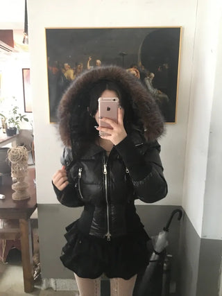 Fairy Two-Tone Fur Hooded Short Padded Jacket Winter