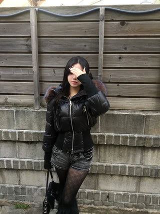 Fairy Two-Tone Fur Hooded Short Padded Jacket Winter
