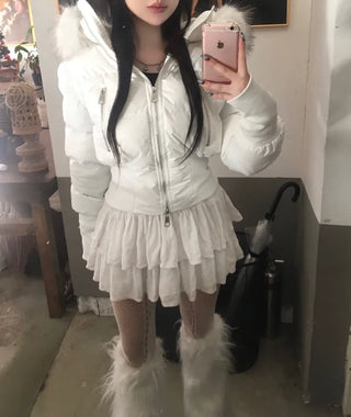 Fairy Two-Tone Fur Hooded Short Padded Jacket Winter