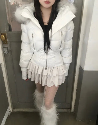 Fairy Two-Tone Fur Hooded Short Padded Jacket Winter